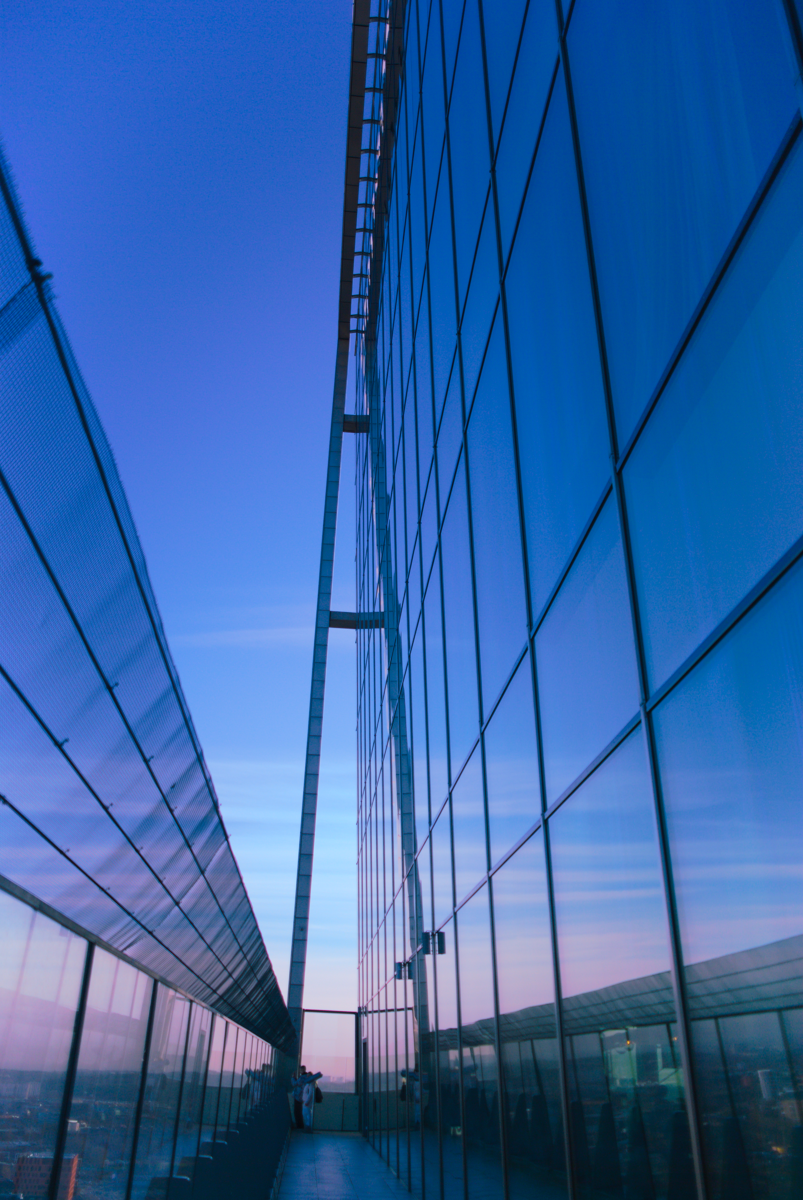 the side of a skyscraper pictured from its viewing platform. its huge glass panels are towering over the viewer on the right side of the image. the left side of the image is occupied by a row of glass panels, topped by a net to prevent anything from falling off. the sky, which is almost totally reflected by the skyscraper, is a beautiful pink to blue gradient.