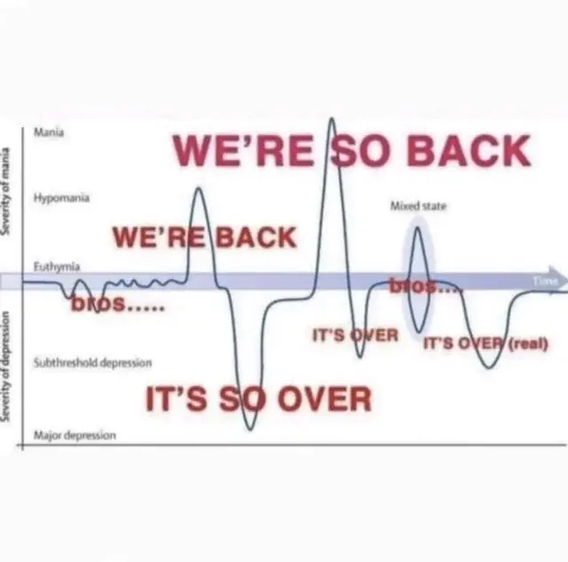 that one meme with a graph labelled it’s so over and we’re so back on a scale from major depression to mania