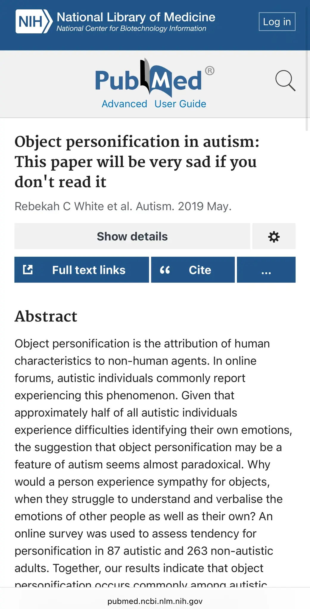 a screenshot of the beginning of the abstract of “Object personification in autism: This paper will be very sad if you don’t read it” by Rebekah C White at al., 2019