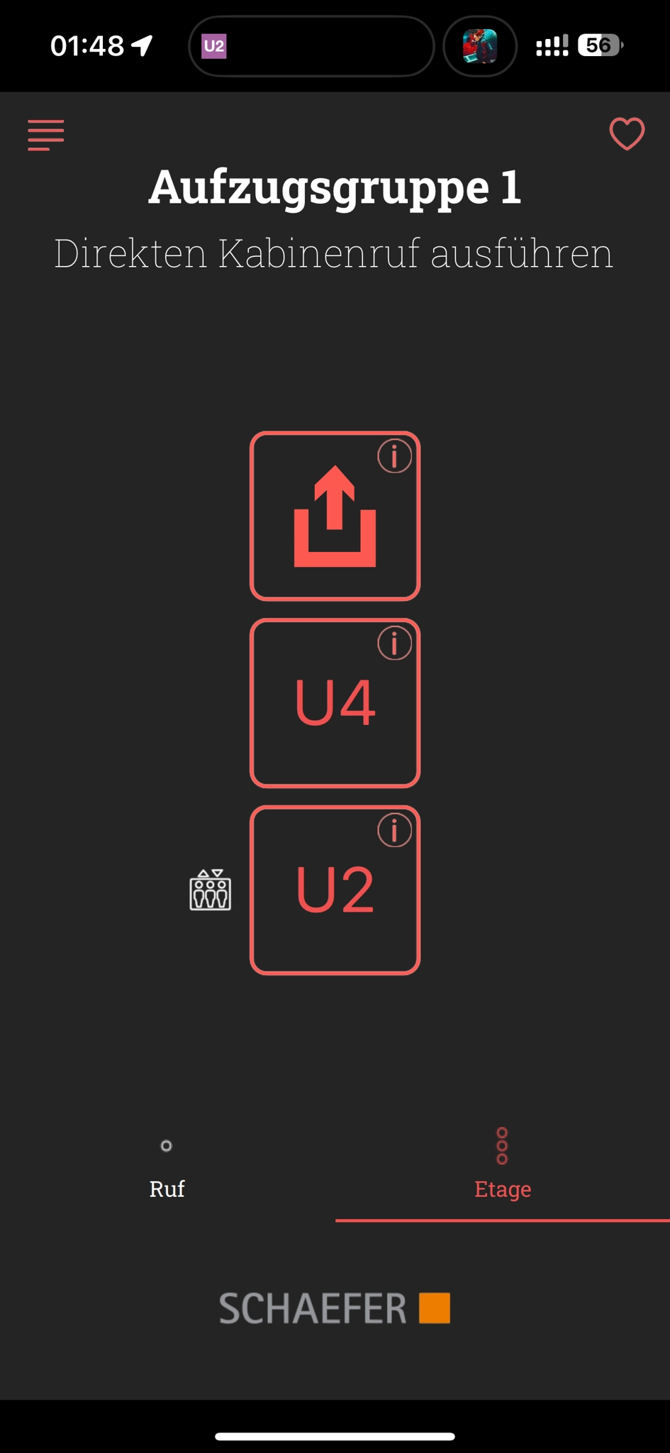 a screenshot of the schaefer liftboy app, allowing me to register an elevator call from my phone