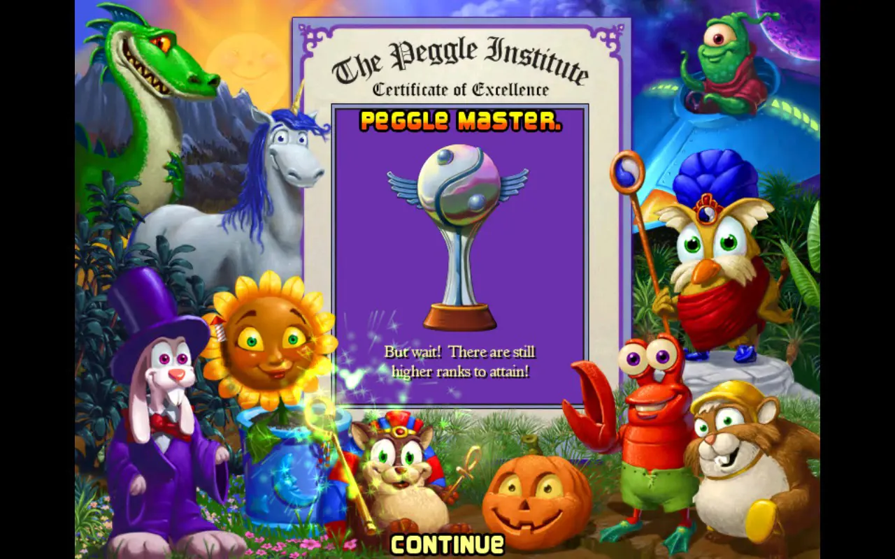 a screen from the 2007 children’s pachinko game peggle. i just got the rank of peggle master by completing the adventure mode