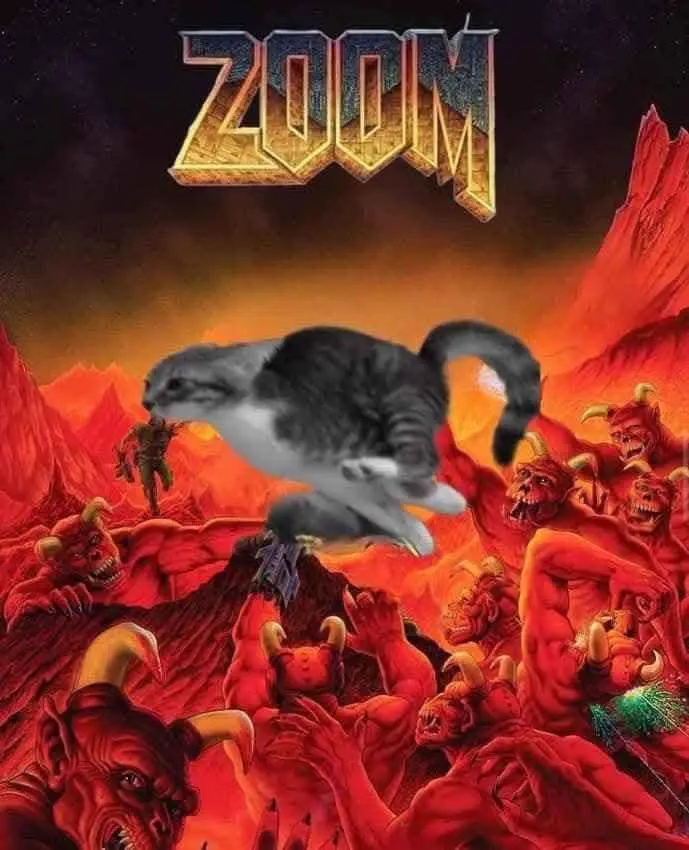 a running cat in the middle of doom (game) cover art (in hell, around demons), with the text changed from "DOOM" to "ZOOM"