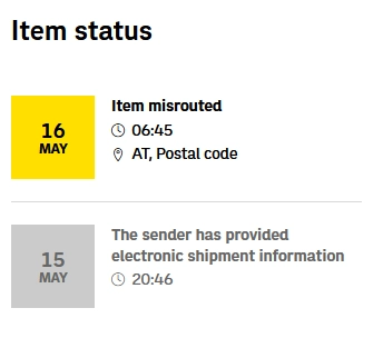 post tracking screenshot. package was immediately misrouted