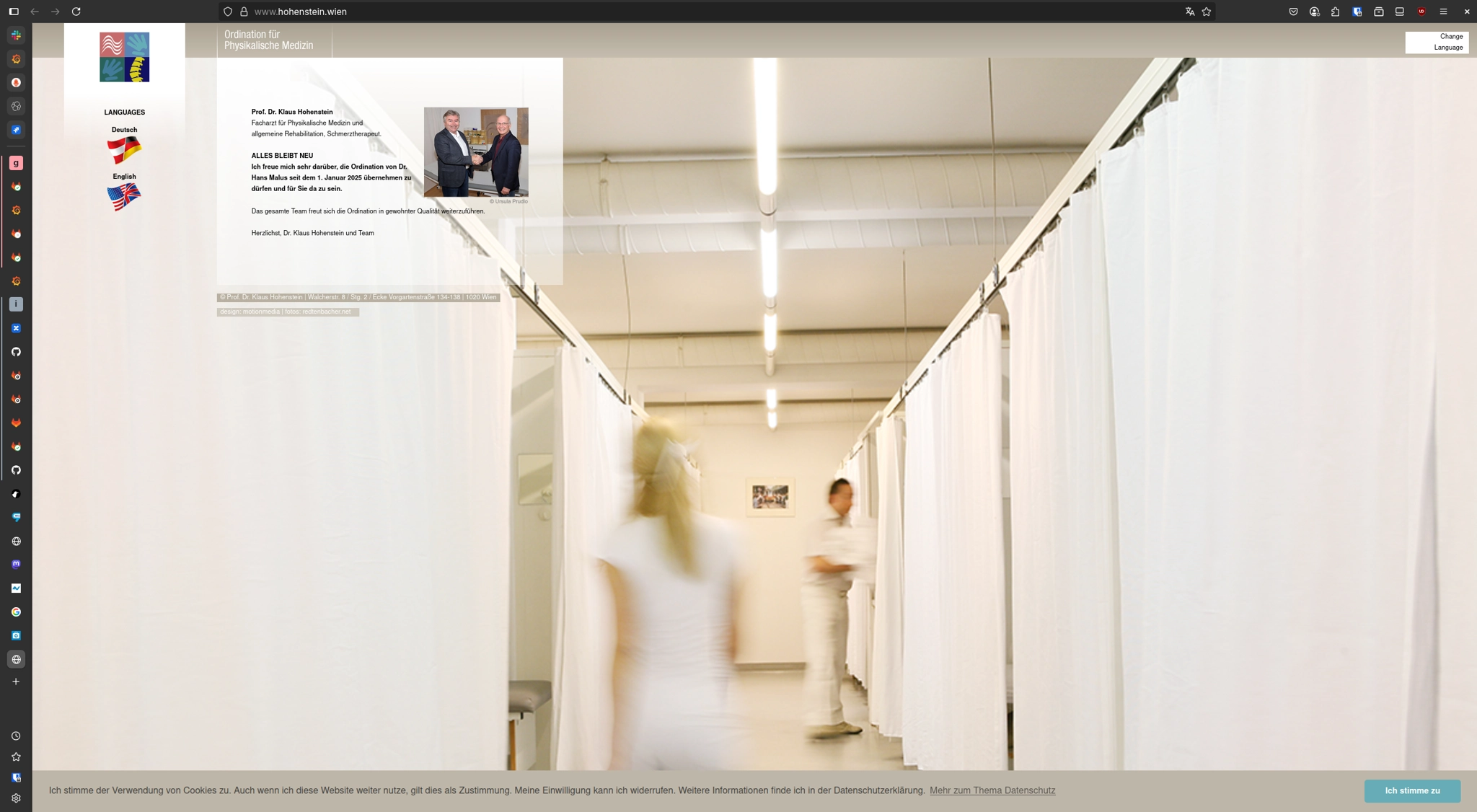 a website for a doctor. the contents of the website are entirely in the top-left corner of it and there's a weird stock photo of blurred doctors walking into physiotherapy rooms. the website makes heavy use of the beigest brown you've ever seen and the cookie banner has a different font that's in a larger size and the title bar 