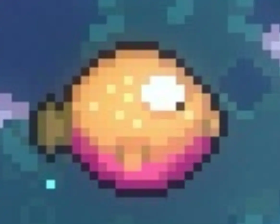 a very bulbous fish sprite from the video game celeste