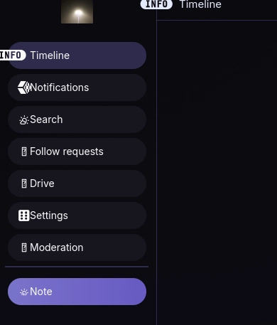 the sidebar in the frontend of iceshrimp.net - the timeline icon has been replaced by an  [info] ligature, a bunch of the symbols are replaced with a character not found replacement symbol and/or mismatched