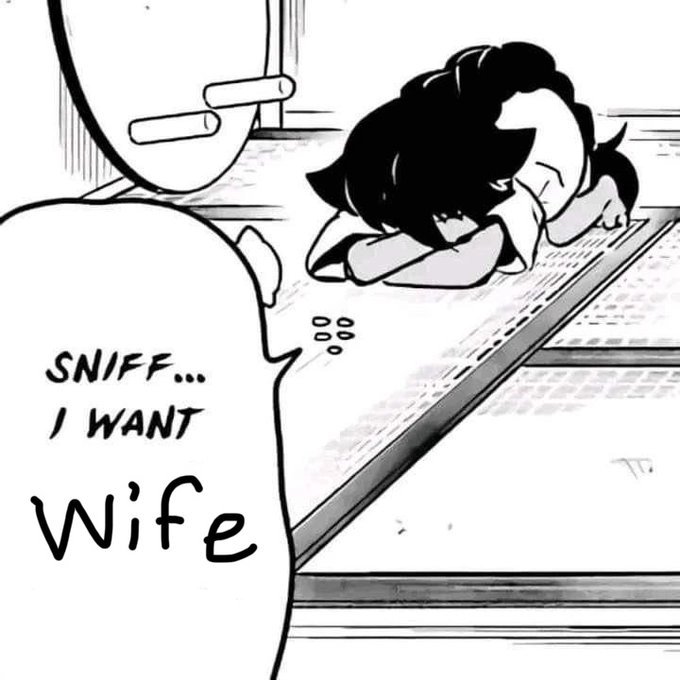 a manga panel with the speech bubble edited to say "sniff.. i want wife"