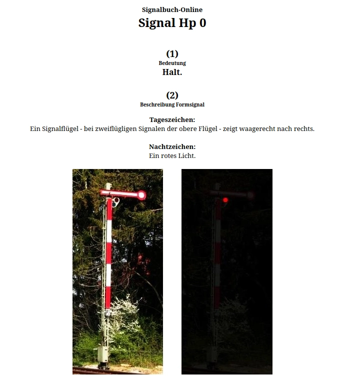 screenshot from an online signal book showing a Hp0 semaphore signal for "halt"/stop - it's a semaphore at a right angle to its mounting pole 