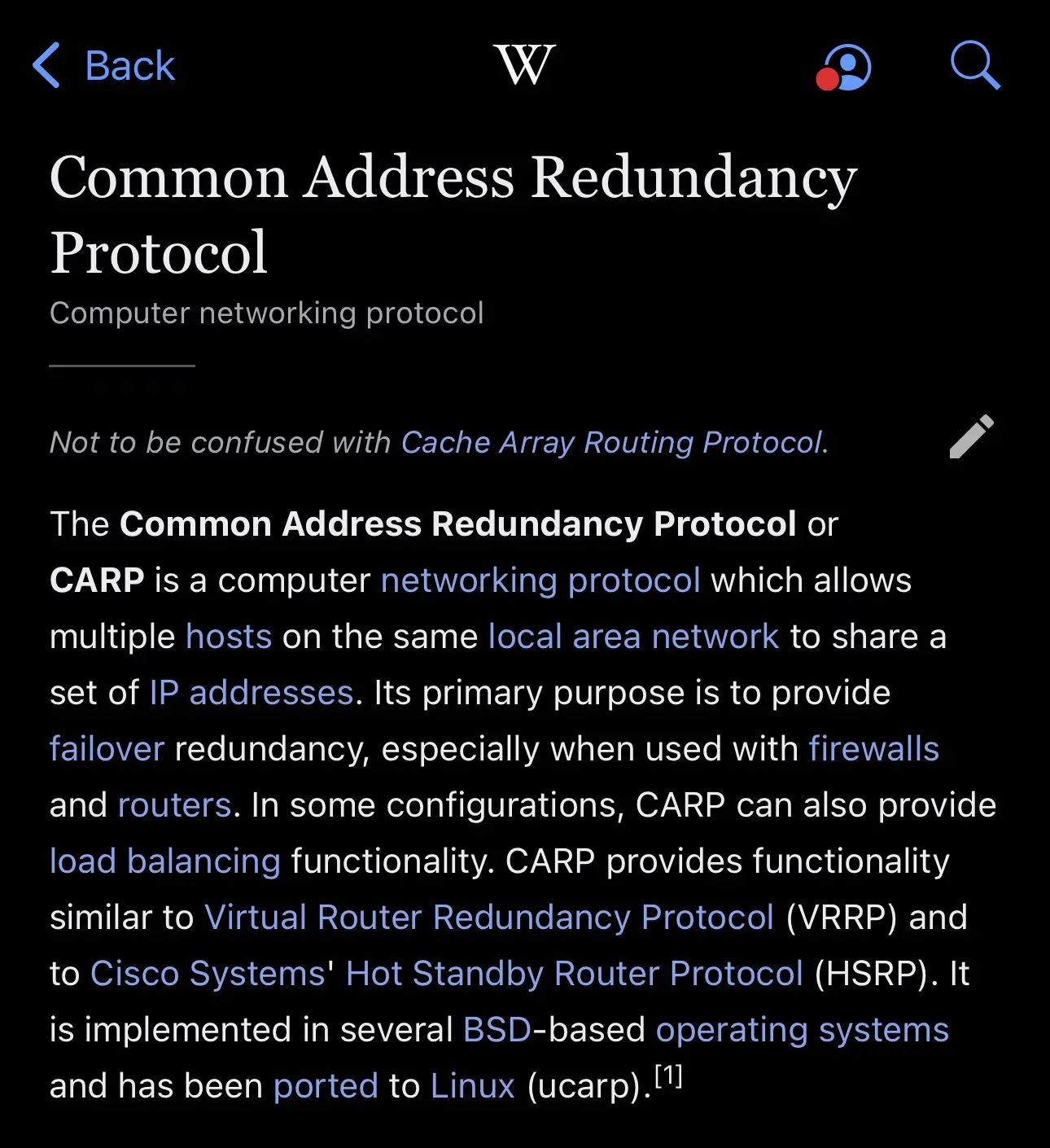 screenshot of the wiki article for the common address redundancy protocol, or CARP