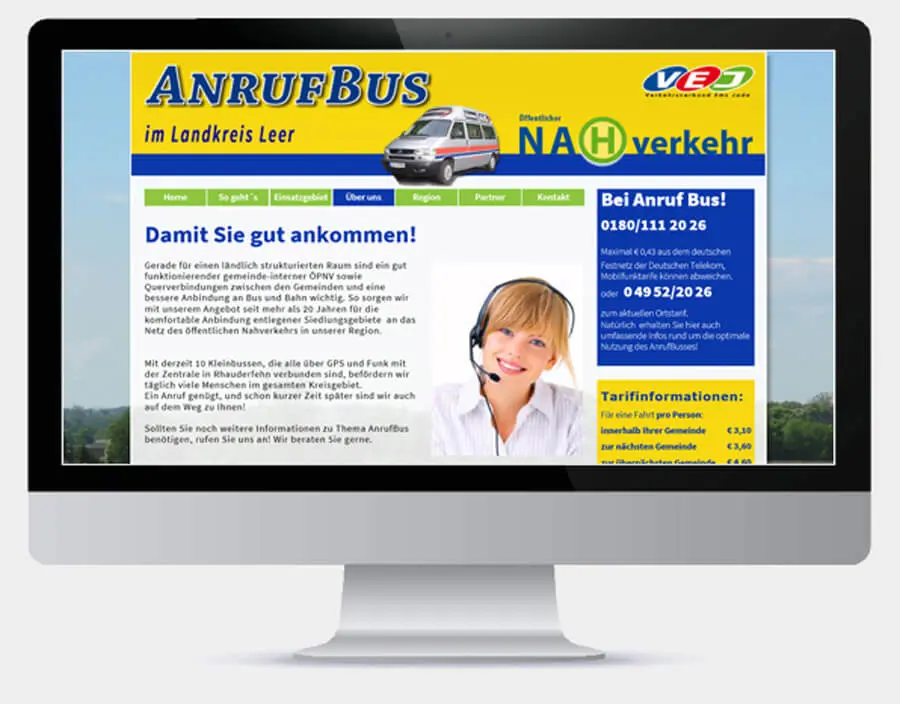 A screenshot of an ancient looking website for a demand responsive transit service called AnrufBus im Landkreis Leer with a very early 2000s stock photo of someone wearing a phone headset.
