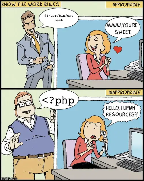 the “hello, human resources?!” meme template with bash as the “aww, you’re so sweet” panel and php as the “hello, human resources?!” panel