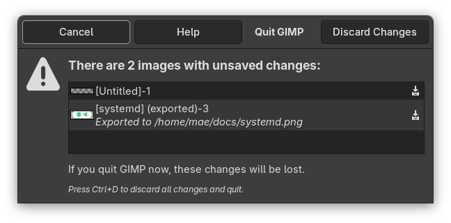 a quit  GIMP dialogue with the buttons for cancel, help and discard changes at the top for some reason