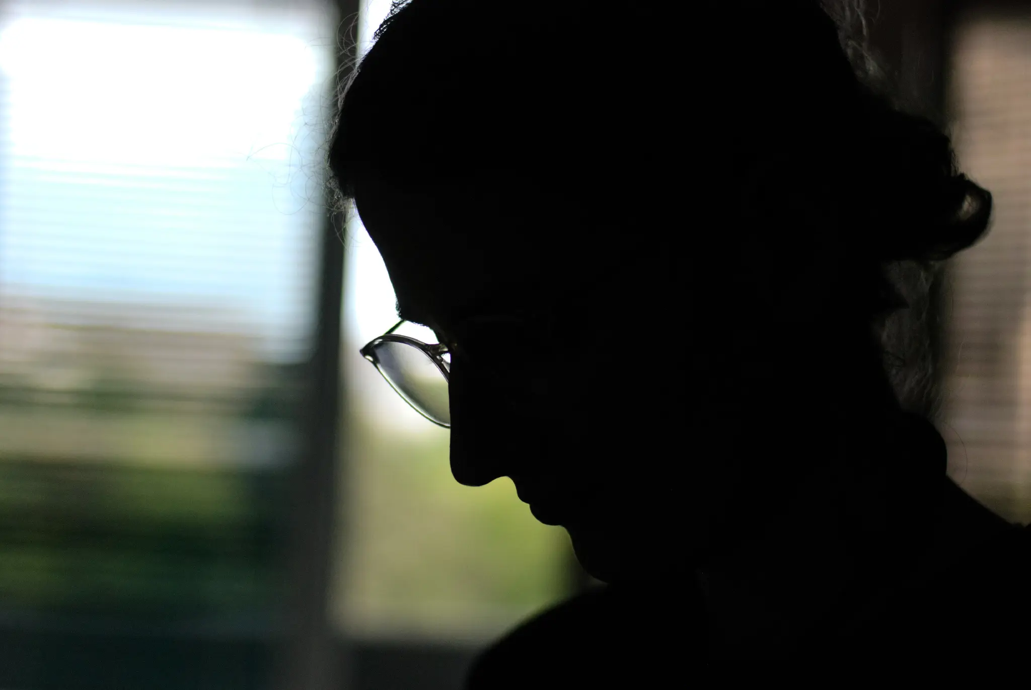 the exact same image in color. the foreground is still all black, but the window now shows a green color towards the bottom, a slight hint of beige in the middle, and blue (and slightly blown out to white) at the top.