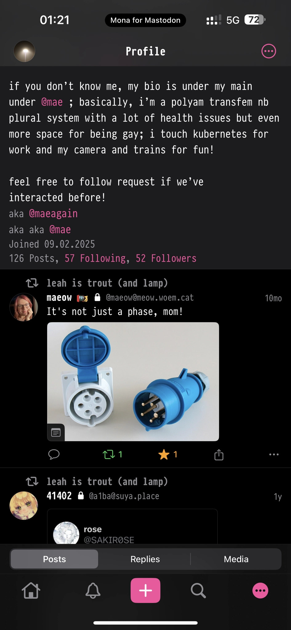 a screenshot of my profile in the mona mastodon client on ios. everything except for the ios native tab bar is using the pragmatapro liga font